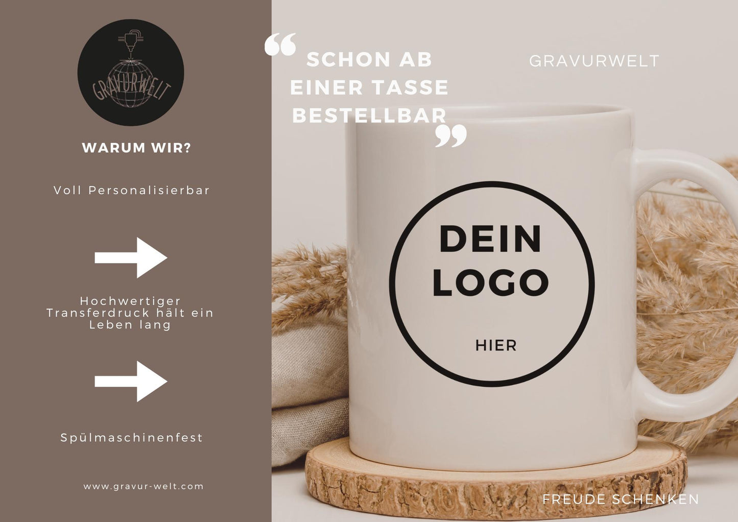 Werbetasse mit Logo – Personalisierte Tasse 330ml | Bedruckte Tasse als Werbegeschenk | Spülmaschinenfest | Ab 1 Stück