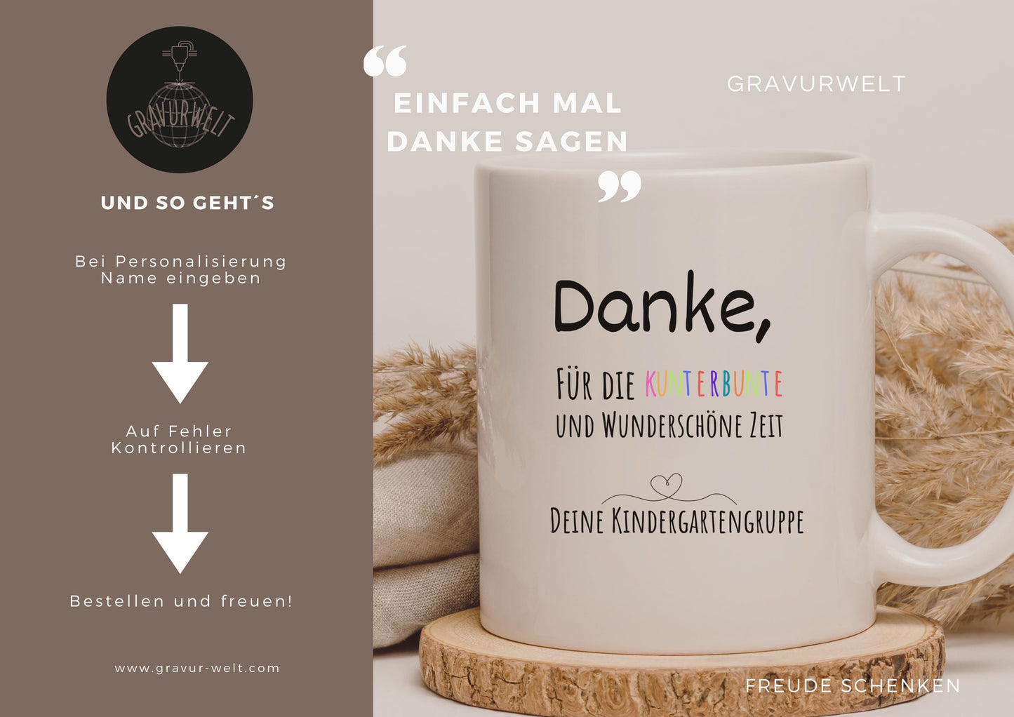 Personalisierte Tasse Erzieherin Abschied – Danke Spruch Kindergarten Geschenk – Keramiktasse 330ml mit Namen Kita Gruppe