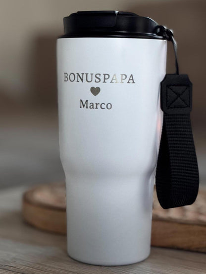 Personalisierbar Geschenk zum Vatertag "Bonuspapa" – Edelstahl Thermobecher 550ml mit Gravur & Drehverschluss