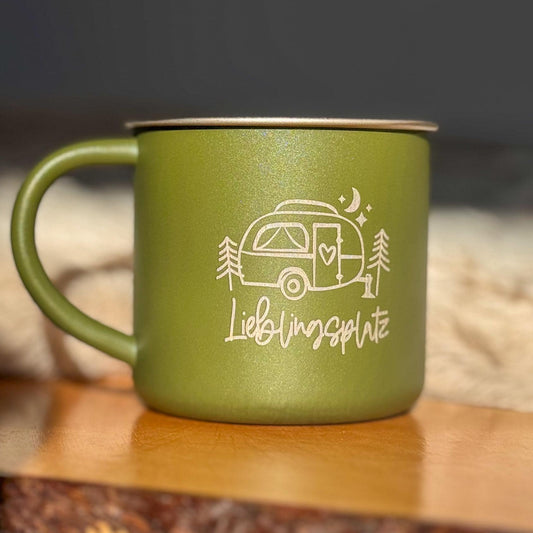 Personalisierbare Camping Emailie Tasse aus recyceltem Edelstahl – Outdoor Becher, langlebig, leicht, perfekt für Wandern & Reisen