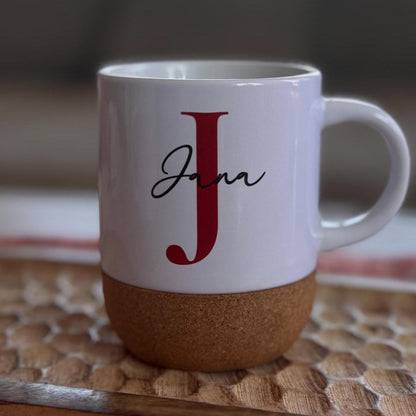 Personalisierte Tasse mit Name – Korkboden – Geschenk Idee – 330ml Keramiktasse – Modern – Handwäsche – Nicht Spülmaschinenfest