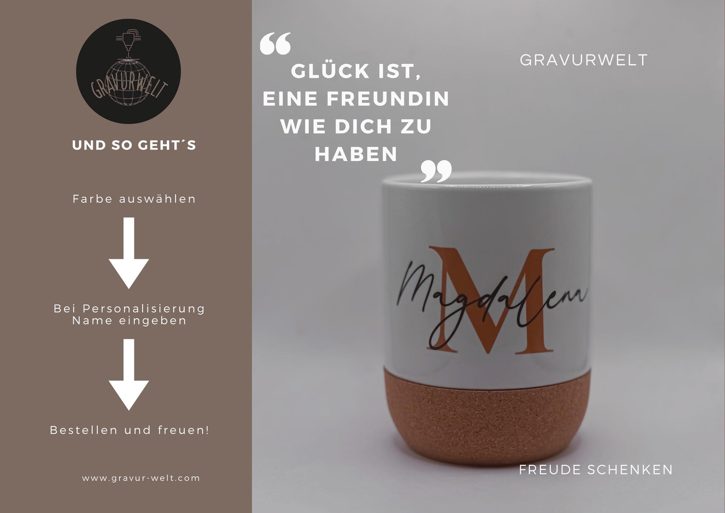 Personalisierte Tasse mit Name – Korkboden – Geschenk Idee – 330ml Keramiktasse – Modern – Handwäsche – Nicht Spülmaschinenfest