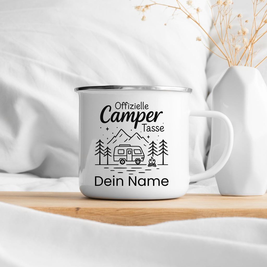 Personalisierte Camper Tasse  Emaille Tasse mit Namen  Geschenk für Wohnmobil Fans  Offizielle Camping Tasse mit Van und Lagerfeuer