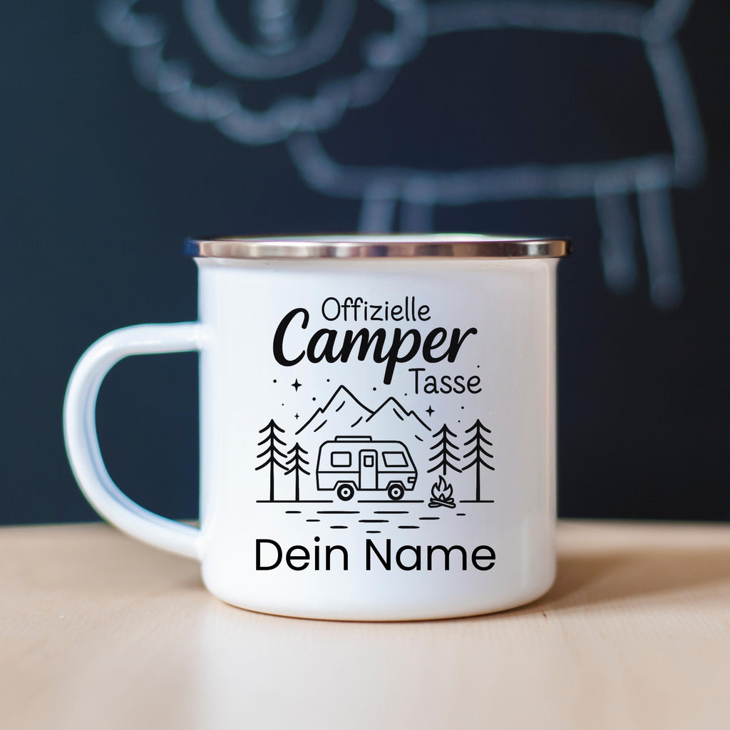 Personalisierte Camper Tasse  Emaille Tasse mit Namen  Geschenk für Wohnmobil Fans  Offizielle Camping Tasse mit Van und Lagerfeuer