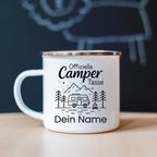 Personalisierte Camper Tasse  Emaille Tasse mit Namen  Geschenk für Wohnmobil Fans  Offizielle Camping Tasse mit Van und Lagerfeuer
