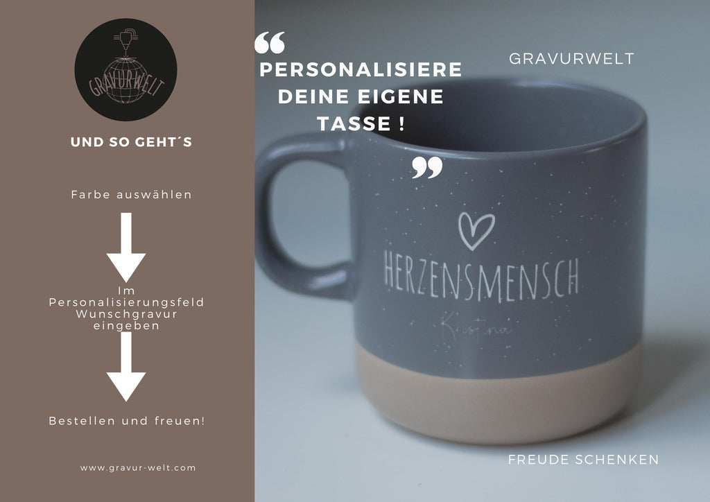 Personalisierte Keramiktasse mit Gravur Herzensmensch“ | 360 ml Tasse mit Namen, Geschenk für Frauen & Männer, Kaffee,Tee,Spülmaschinenfest