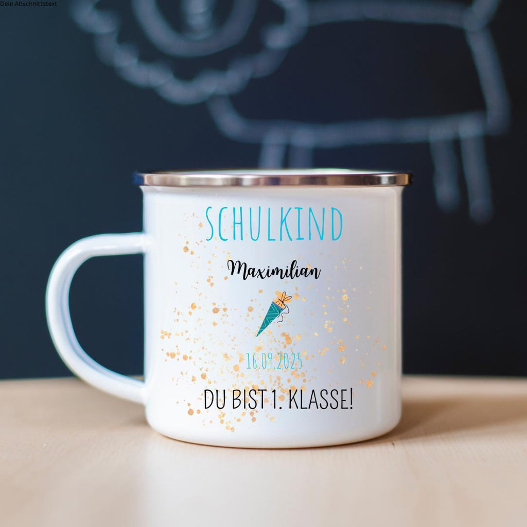 Personalisierte Emaille-Tasse zur Einschulung  330ml | Geschenk zum Schulanfang | Mit Name & Datum | SCHULKIND Tasse