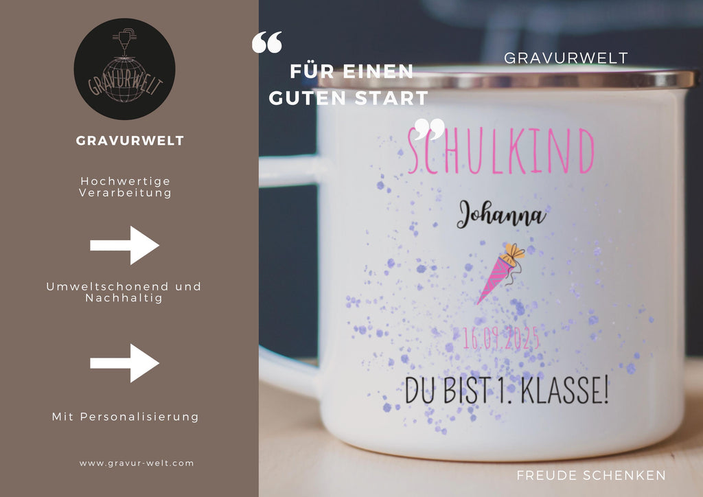 Personalisierte Emaille-Tasse zur Einschulung  330ml | Geschenk zum Schulanfang | Mit Name & Datum | SCHULKIND Tasse