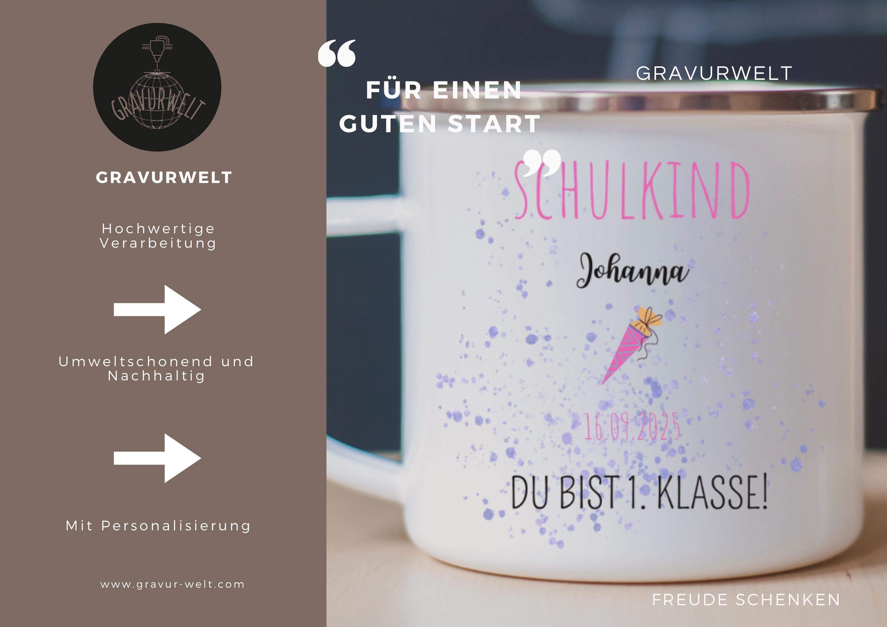 Personalisierte Emaille-Tasse zur Einschulung  330ml | Geschenk zum Schulanfang | Mit Name & Datum | SCHULKIND Tasse