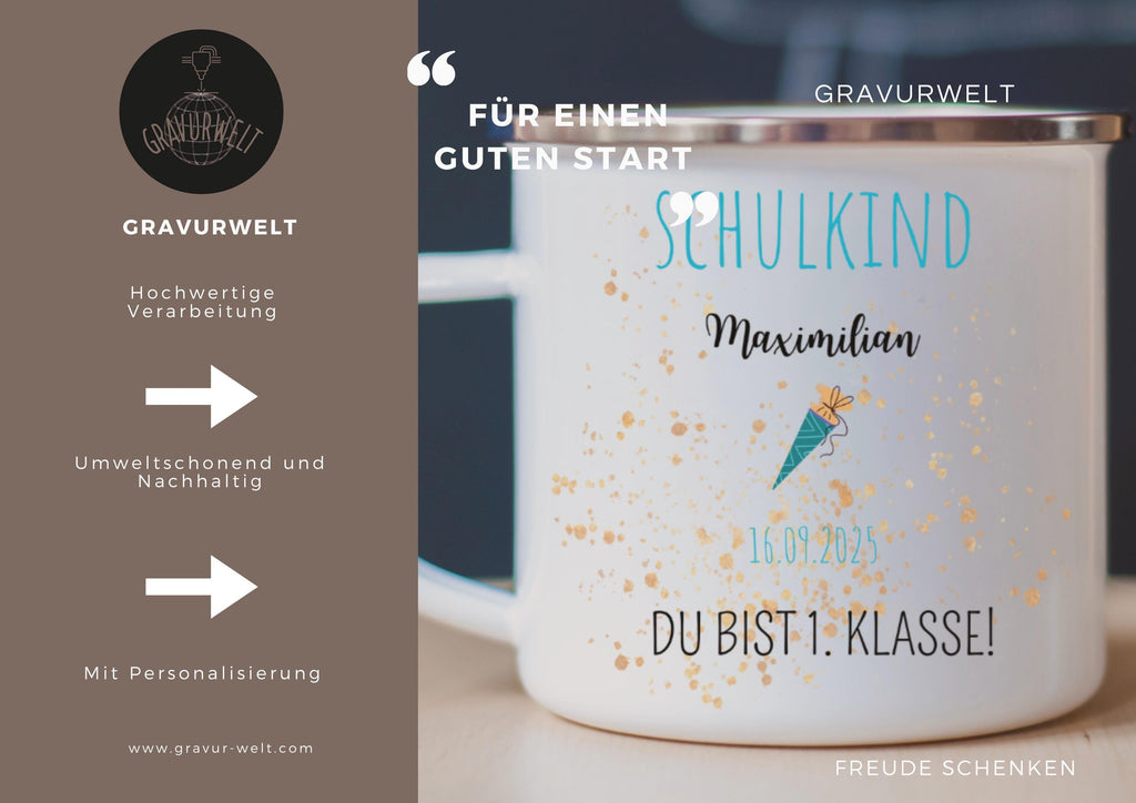 Personalisierte Emaille-Tasse zur Einschulung  330ml | Geschenk zum Schulanfang | Mit Name & Datum | SCHULKIND Tasse