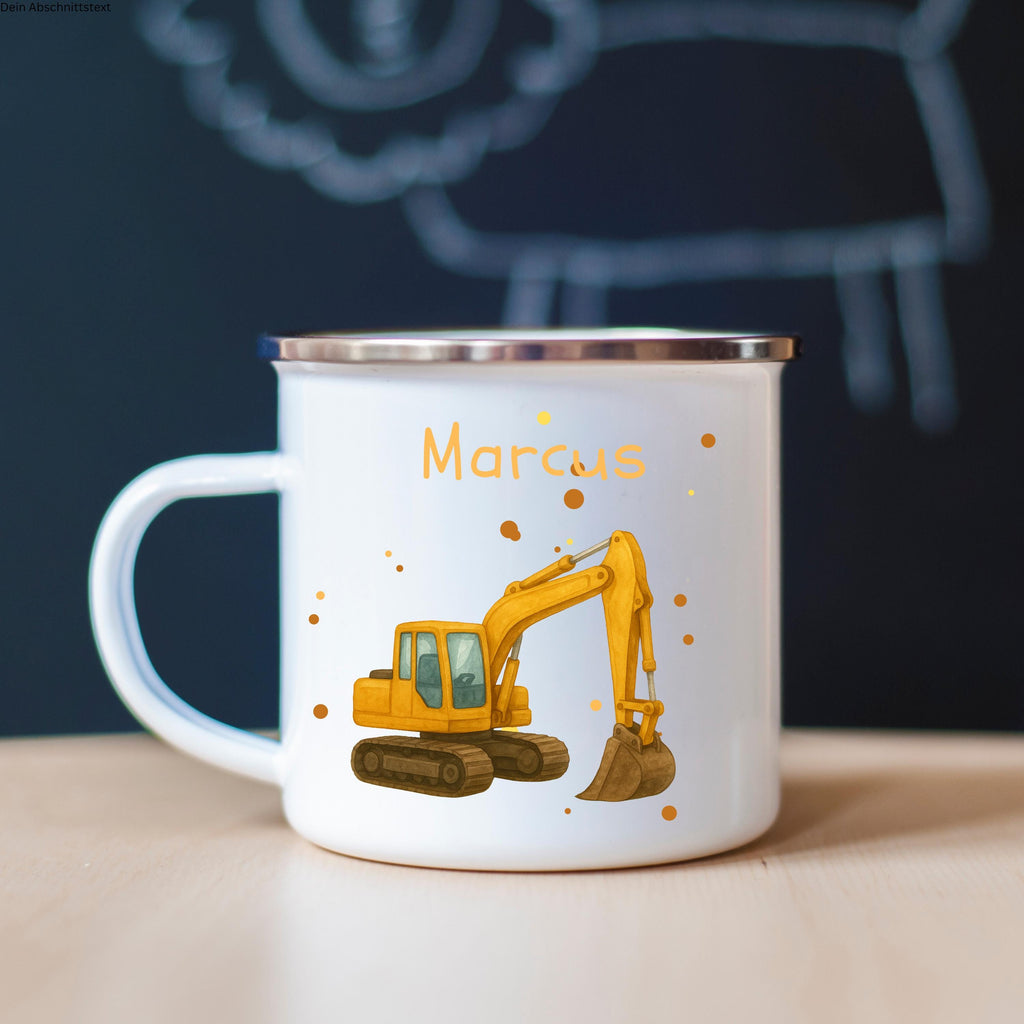 Personalisierte Emaille Tasse 330ml mit Name & Tier- oder Baufahrzeug-Motiv  Geschenk zur Einschulung, Kindergarten oder Geburtstag