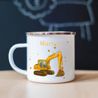 Personalisierte Emaille Tasse 330ml mit Name & Tier- oder Baufahrzeug-Motiv  Geschenk zur Einschulung, Kindergarten oder Geburtstag