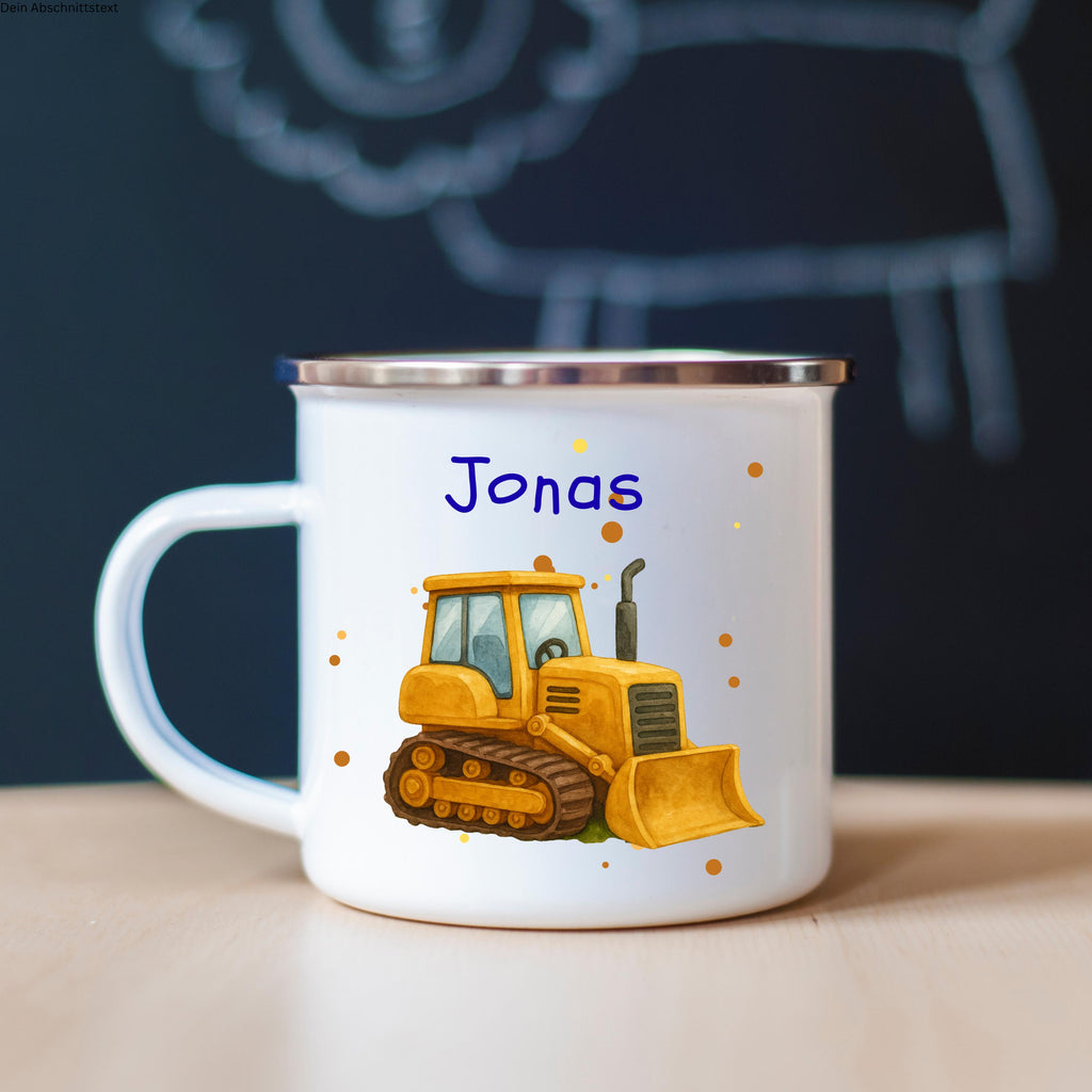 Personalisierte Emaille Tasse 330ml mit Name & Tier- oder Baufahrzeug-Motiv  Geschenk zur Einschulung, Kindergarten oder Geburtstag