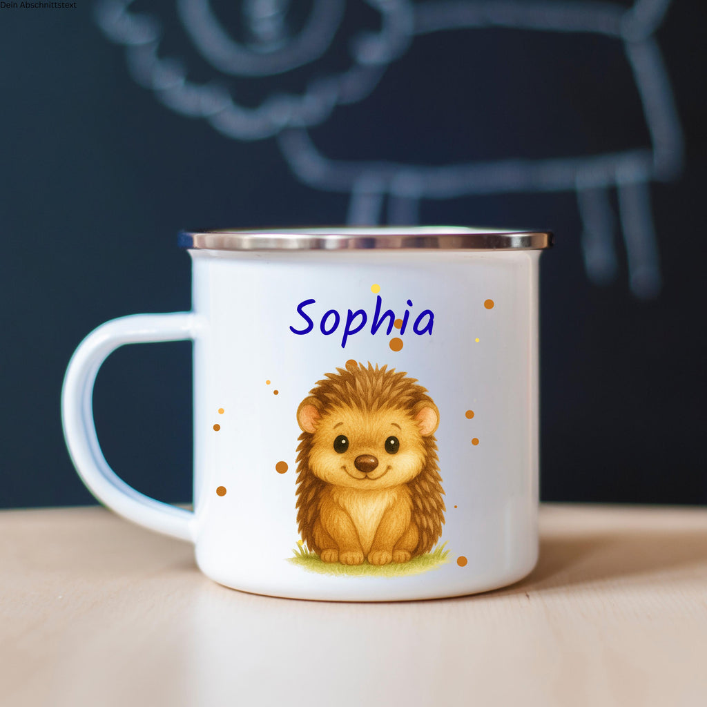 Personalisierte Emaille Tasse 330ml mit Name & Tier- oder Baufahrzeug-Motiv  Geschenk zur Einschulung, Kindergarten oder Geburtstag
