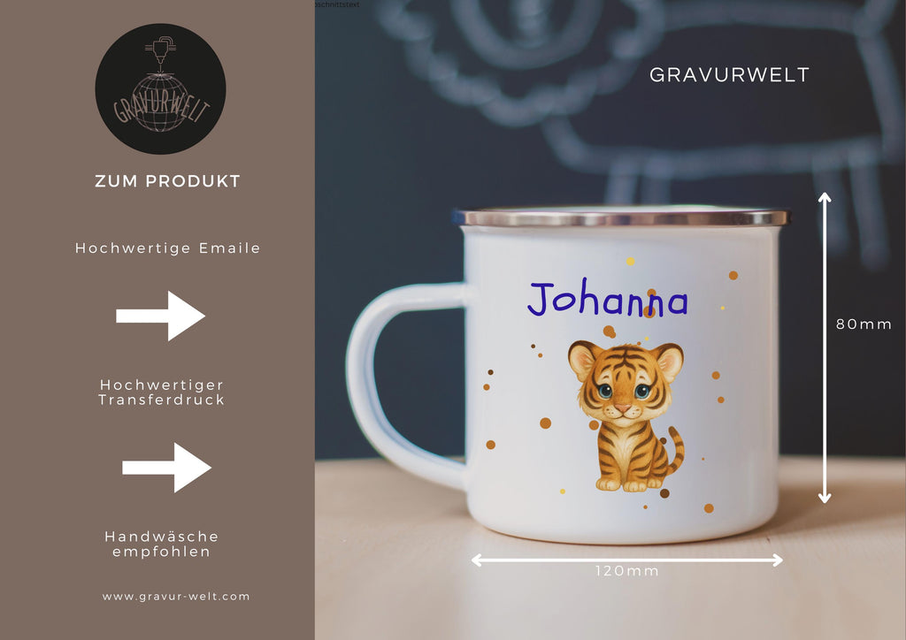Personalisierte Emaille Tasse 330ml mit Name & Tier- oder Baufahrzeug-Motiv  Geschenk zur Einschulung, Kindergarten oder Geburtstag