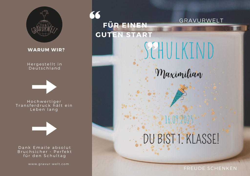 Personalisierte Emaille-Tasse zur Einschulung  330ml | Geschenk zum Schulanfang | Mit Name & Datum | SCHULKIND Tasse