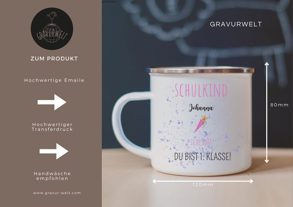 Personalisierte Emaille-Tasse zur Einschulung  330ml | Geschenk zum Schulanfang | Mit Name & Datum | SCHULKIND Tasse