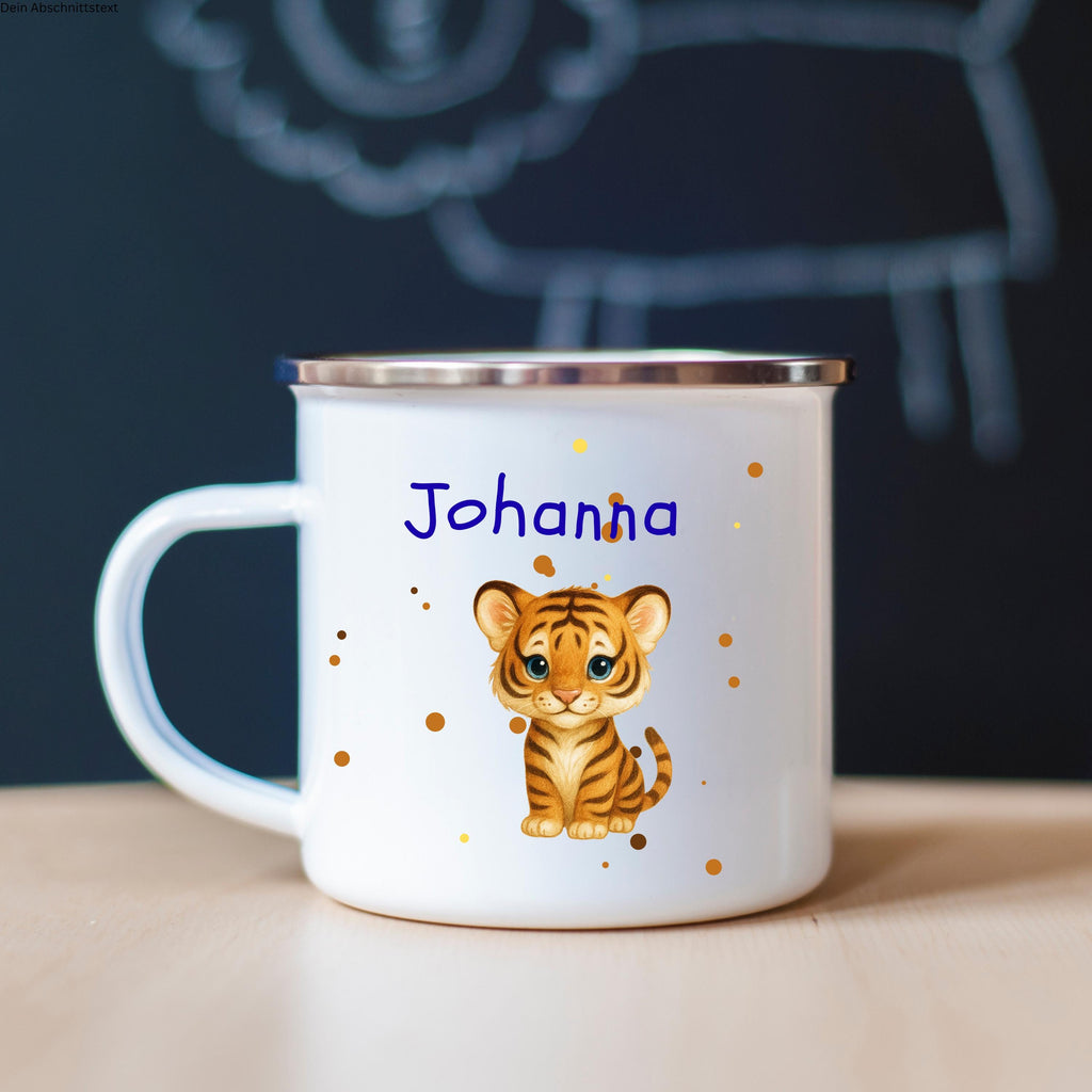 Personalisierte Emaille Tasse 330ml mit Name & Tier- oder Baufahrzeug-Motiv  Geschenk zur Einschulung, Kindergarten oder Geburtstag