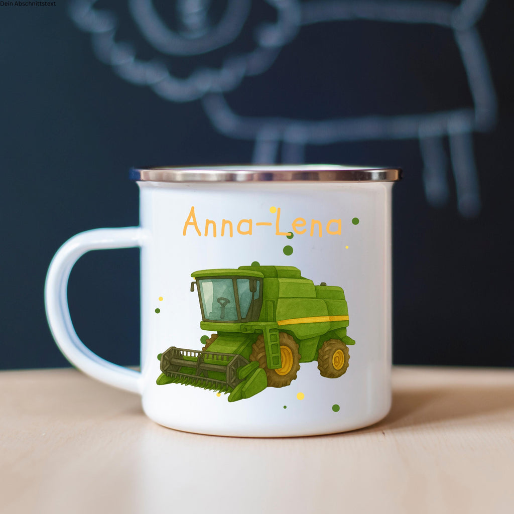 Personalisierte Emaille Tasse 330ml mit Name & Tier- oder Baufahrzeug-Motiv  Geschenk zur Einschulung, Kindergarten oder Geburtstag
