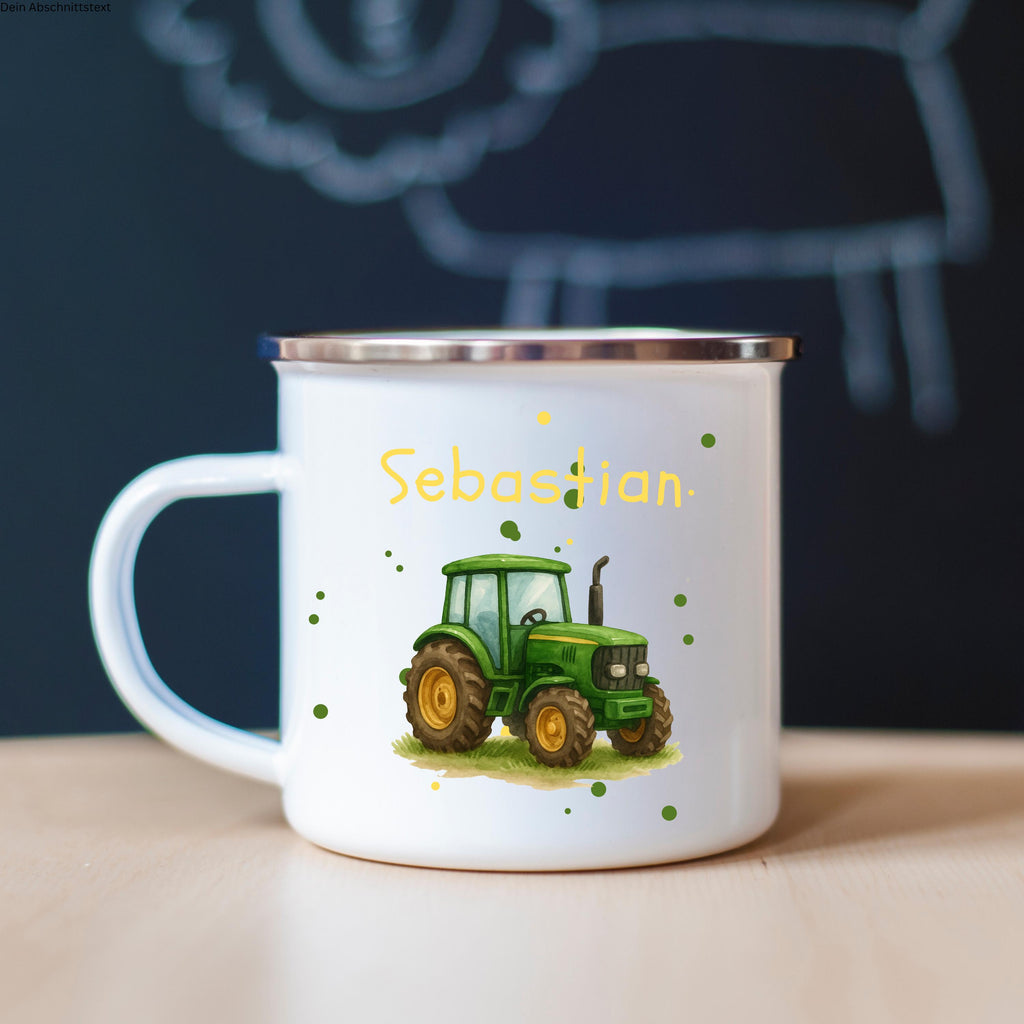 Personalisierte Emaille Tasse 330ml mit Name & Tier- oder Baufahrzeug-Motiv  Geschenk zur Einschulung, Kindergarten oder Geburtstag