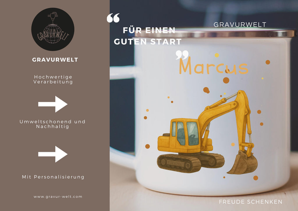 Personalisierte Emaille Tasse 330ml mit Name & Tier- oder Baufahrzeug-Motiv  Geschenk zur Einschulung, Kindergarten oder Geburtstag