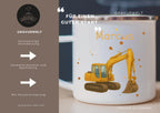 Personalisierte Emaille Tasse 330ml mit Name & Tier- oder Baufahrzeug-Motiv  Geschenk zur Einschulung, Kindergarten oder Geburtstag