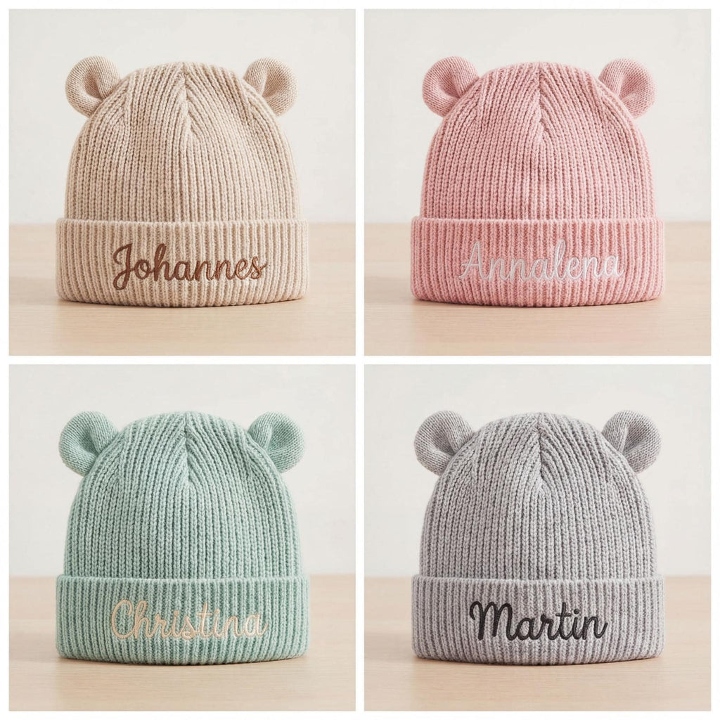 Personalisierte Baby Mütze aus Bio Baumwolle mit Namen bestickt, Baby Beanie mit Ohren, Neugeborenen Geschenk 12M-24M