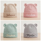Personalisierte Baby Mütze aus Bio Baumwolle mit Namen bestickt, Baby Beanie mit Ohren, Neugeborenen Geschenk 12M-24M