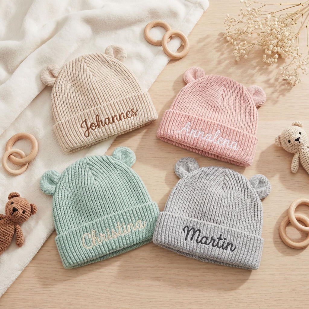 Personalisierte Baby Mütze aus Bio Baumwolle mit Namen bestickt, Baby Beanie mit Ohren, Neugeborenen Geschenk 12M-24M
