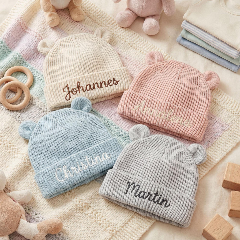 Personalisierte Baby Mütze aus Bio Baumwolle mit Namen bestickt, Baby Beanie mit Ohren, Neugeborenen Geschenk 12M-24M