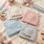 Personalisierte Baby Mütze aus Bio Baumwolle mit Namen bestickt, Baby Beanie mit Ohren, Neugeborenen Geschenk 12M-24M