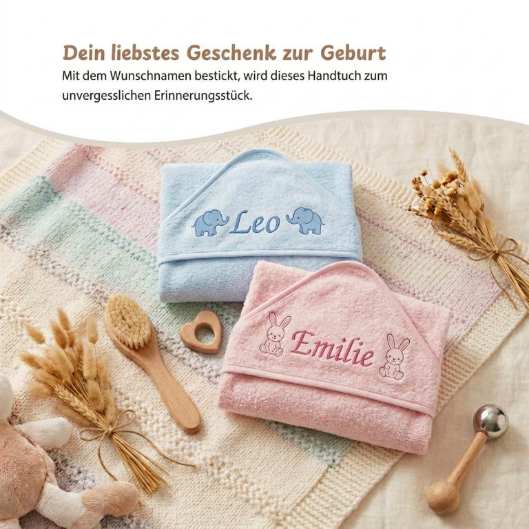 Personalisiertes Baby Kapuzenhandtuch mit Namen bestickt aus Gekämmter Baumwolle, Badetuch Baby Geschenk zur Geburt kuschelig weich