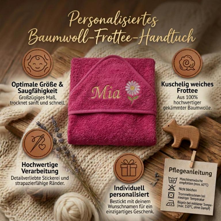 Personalisiertes Baby Kapuzenhandtuch mit Namen bestickt aus Gekämmter Baumwolle, Badetuch Baby Geschenk zur Geburt kuschelig weich