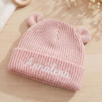 Personalisierte Baby Mütze aus Bio Baumwolle mit Namen bestickt, Baby Beanie mit Ohren, Neugeborenen Geschenk 12M-24M