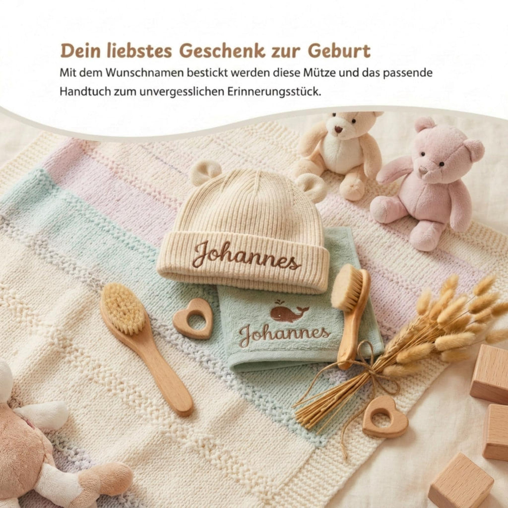 Personalisierte Baby Mütze aus Bio Baumwolle mit Namen bestickt, Baby Beanie mit Ohren, Neugeborenen Geschenk 12M-24M