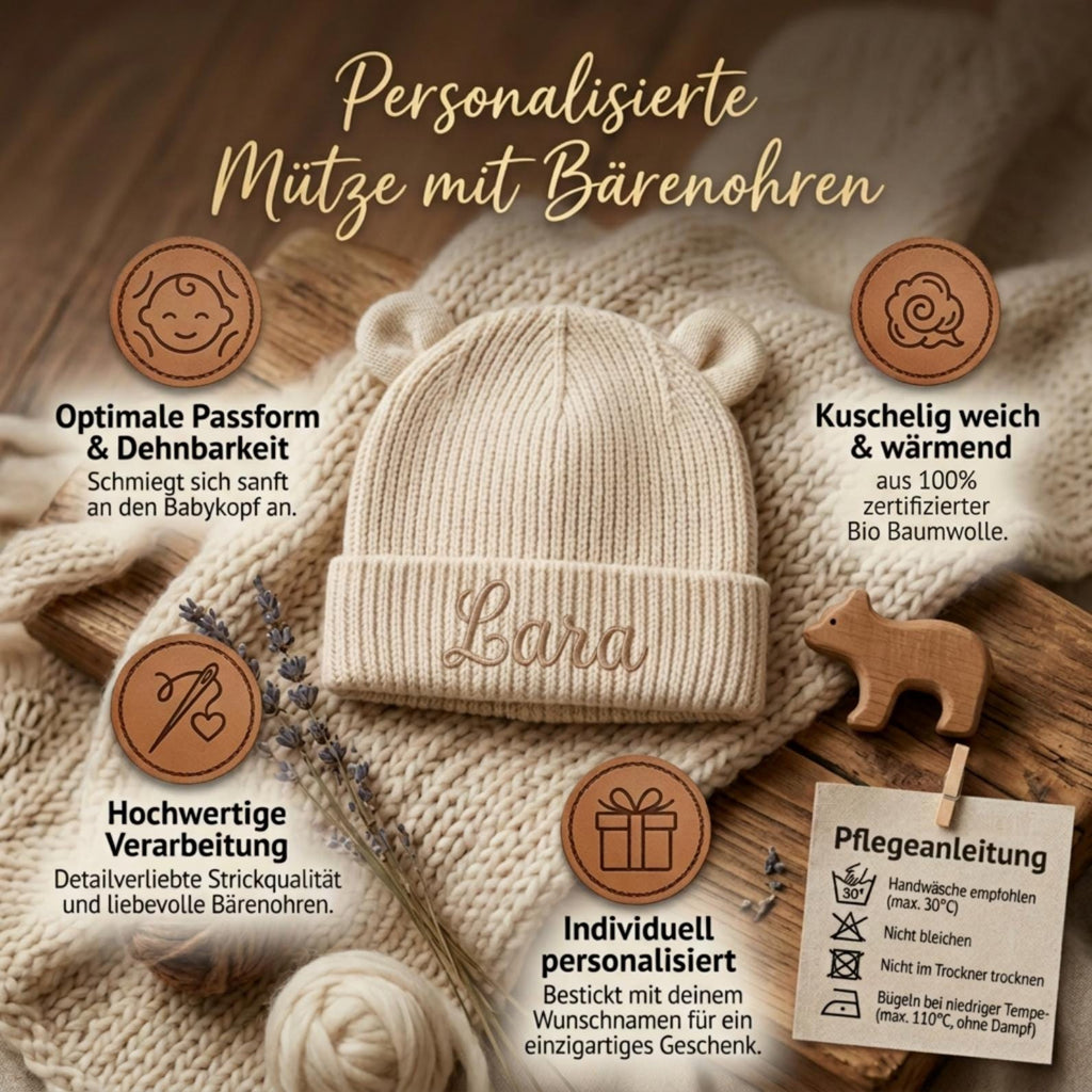 Personalisierte Baby Mütze aus Bio Baumwolle mit Namen bestickt, Baby Beanie mit Ohren, Neugeborenen Geschenk 12M-24M