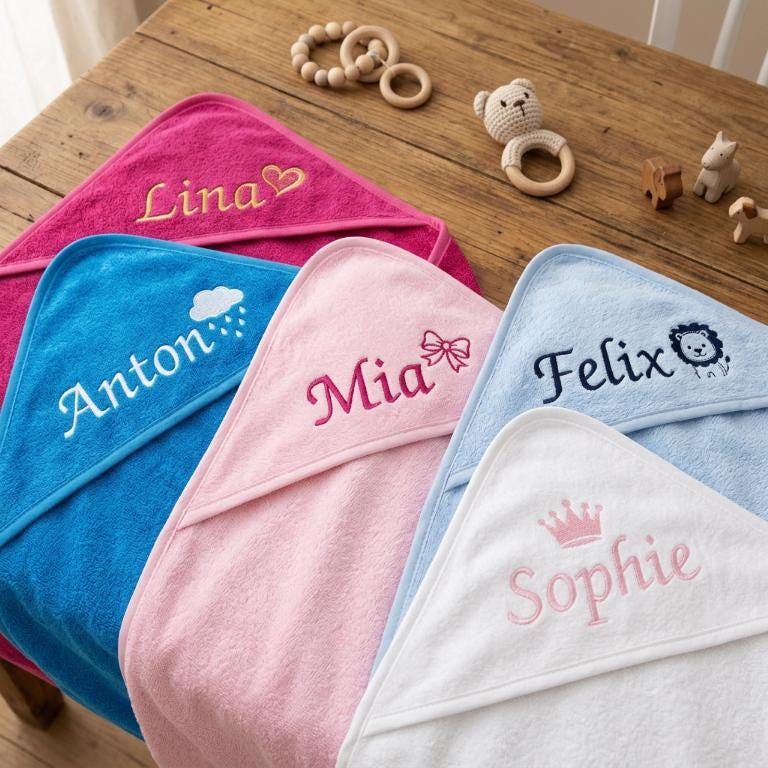 Personalisiertes Baby Kapuzenhandtuch mit Namen bestickt aus Gekämmter Baumwolle, Badetuch Baby Geschenk zur Geburt kuschelig weich