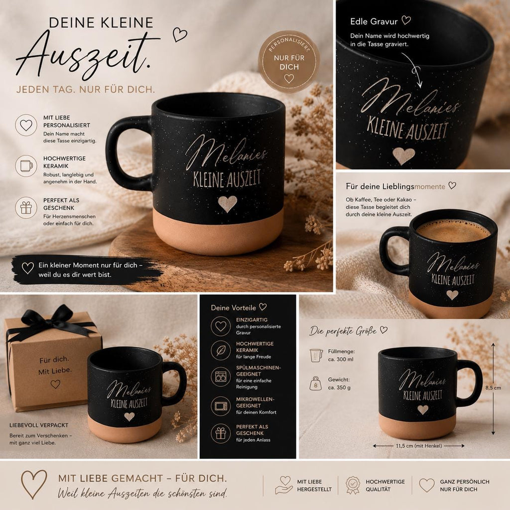 Personalisierte Keramikbecher Kleine Auszeit“ mit Name & Herz Geschenkidee für Frauen und Männer Kaffeetasse mit Gravur für Wohlfühlmomente