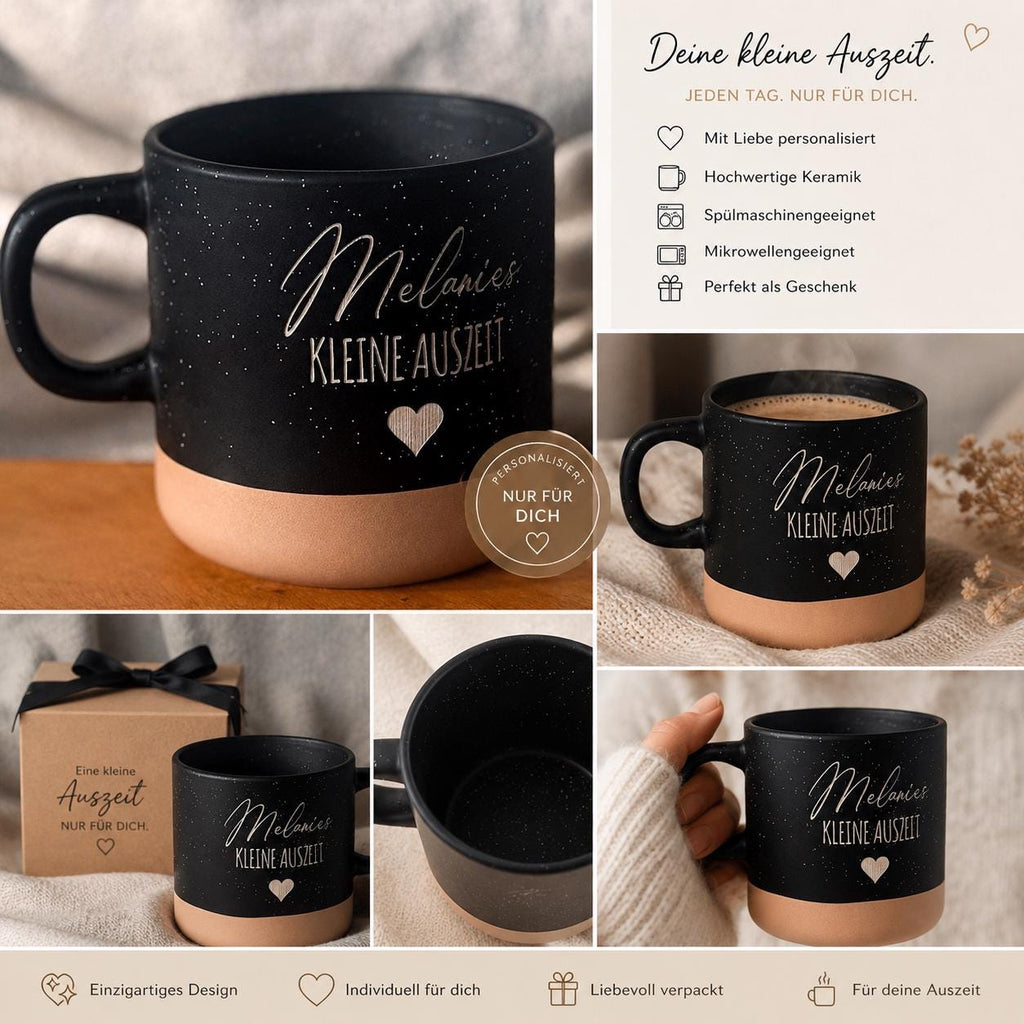 Personalisierte Keramikbecher Kleine Auszeit“ mit Name & Herz Geschenkidee für Frauen und Männer Kaffeetasse mit Gravur für Wohlfühlmomente