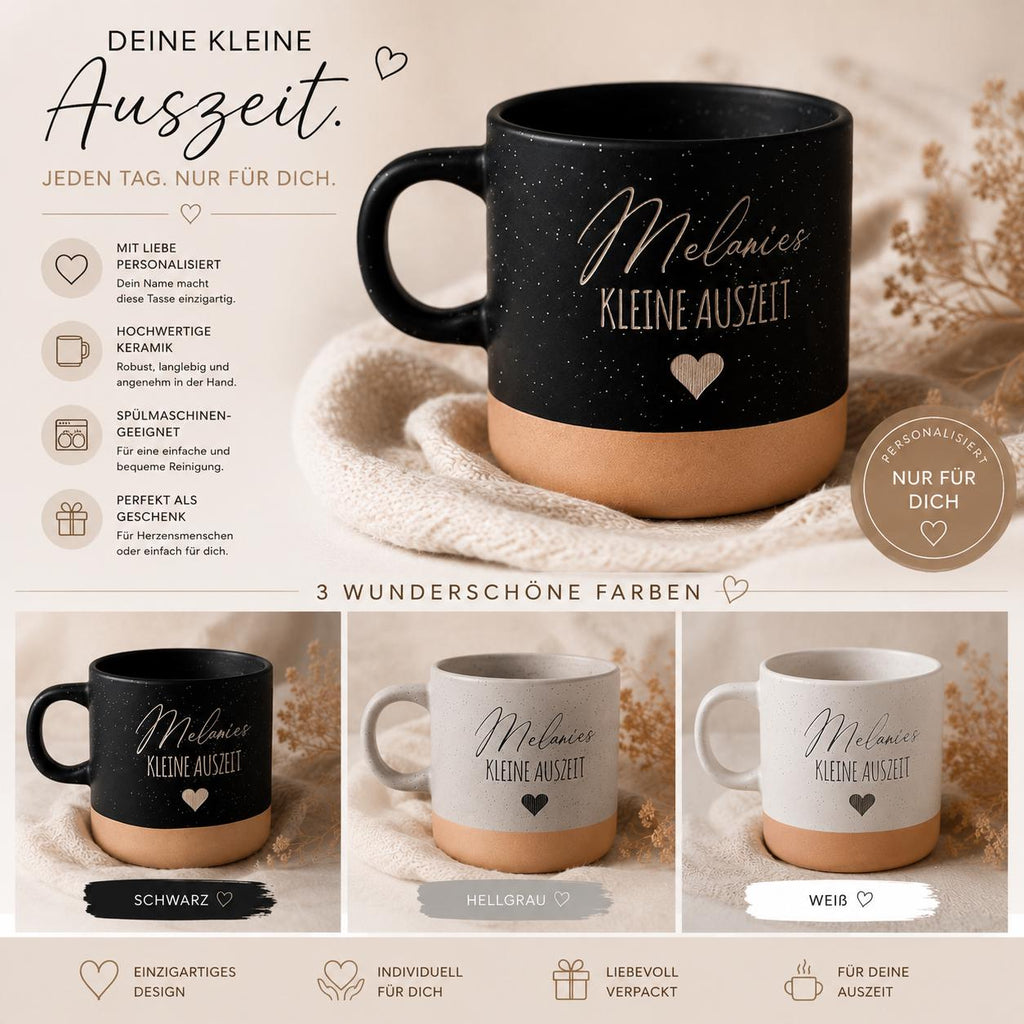 Personalisierte Keramikbecher Kleine Auszeit“ mit Name & Herz Geschenkidee für Frauen und Männer Kaffeetasse mit Gravur für Wohlfühlmomente