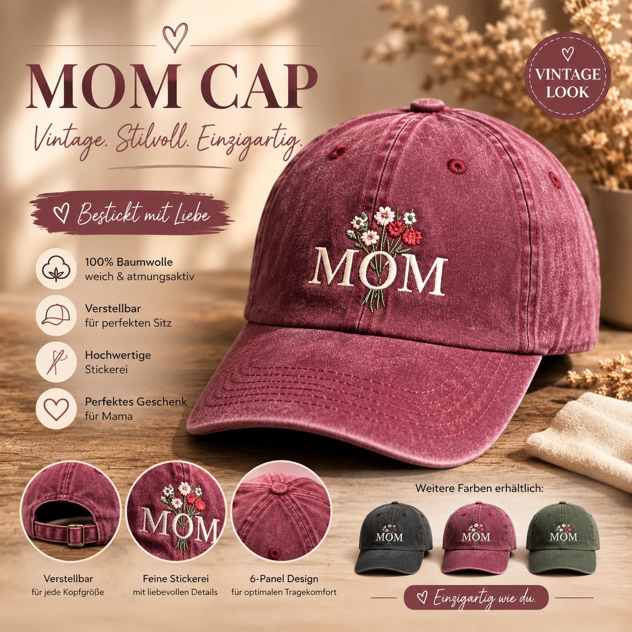 Vintage Cap Muttertag Bestickt, Personalisiere Mama Cap, Retro Dad Cap, Unisex Embroidered Hat, Geschenk für Frauen und Damen