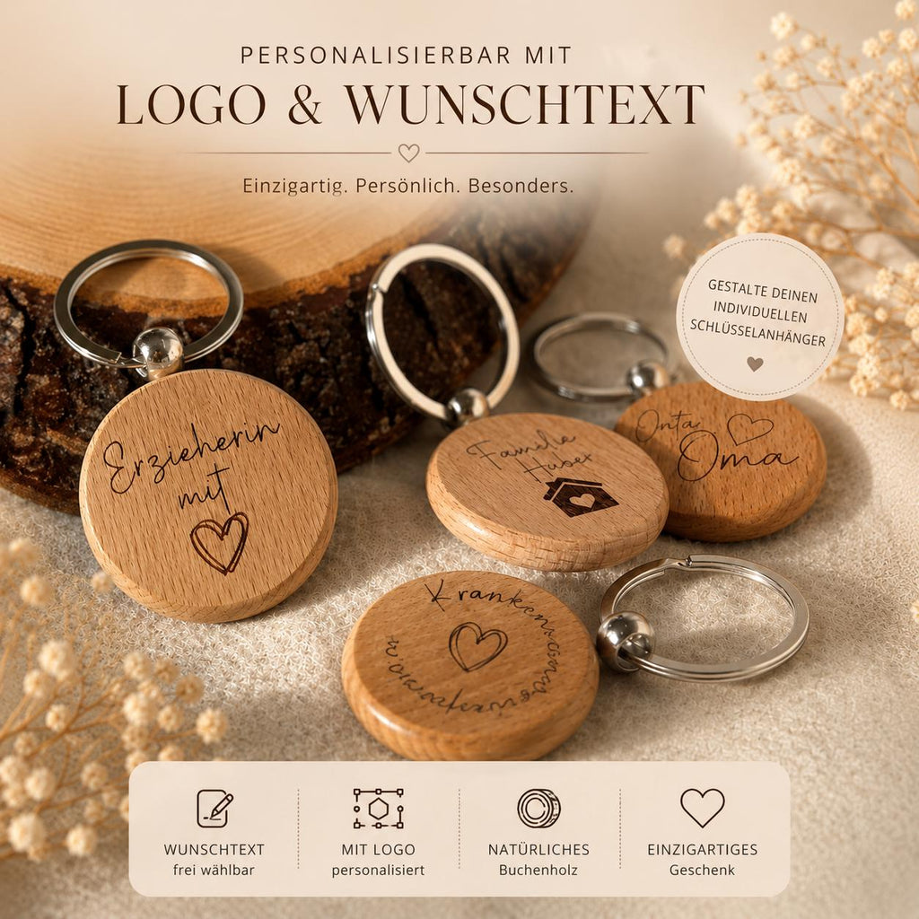 Personalisierbarer Holz-Schlüsselanhänger | Gravur mit Wunschtext oder Logo | Geschenkidee für Männer & Frauen | Naturmaterial, individuell