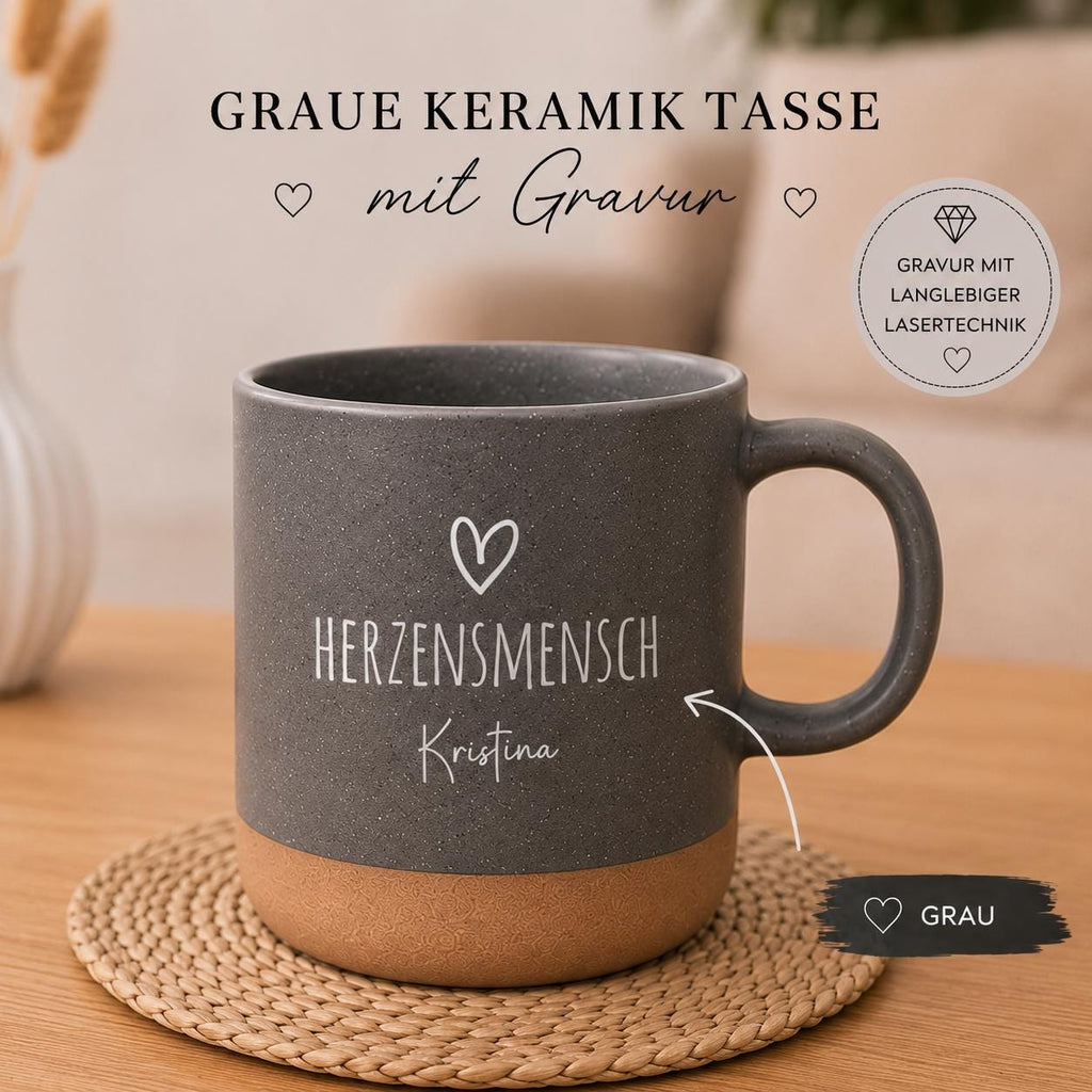 Personalisierte Keramiktasse mit Gravur Herzensmensch“ | 360 ml Tasse mit Namen, Geschenk für Frauen & Männer, Kaffee,Tee,Spülmaschinenfest