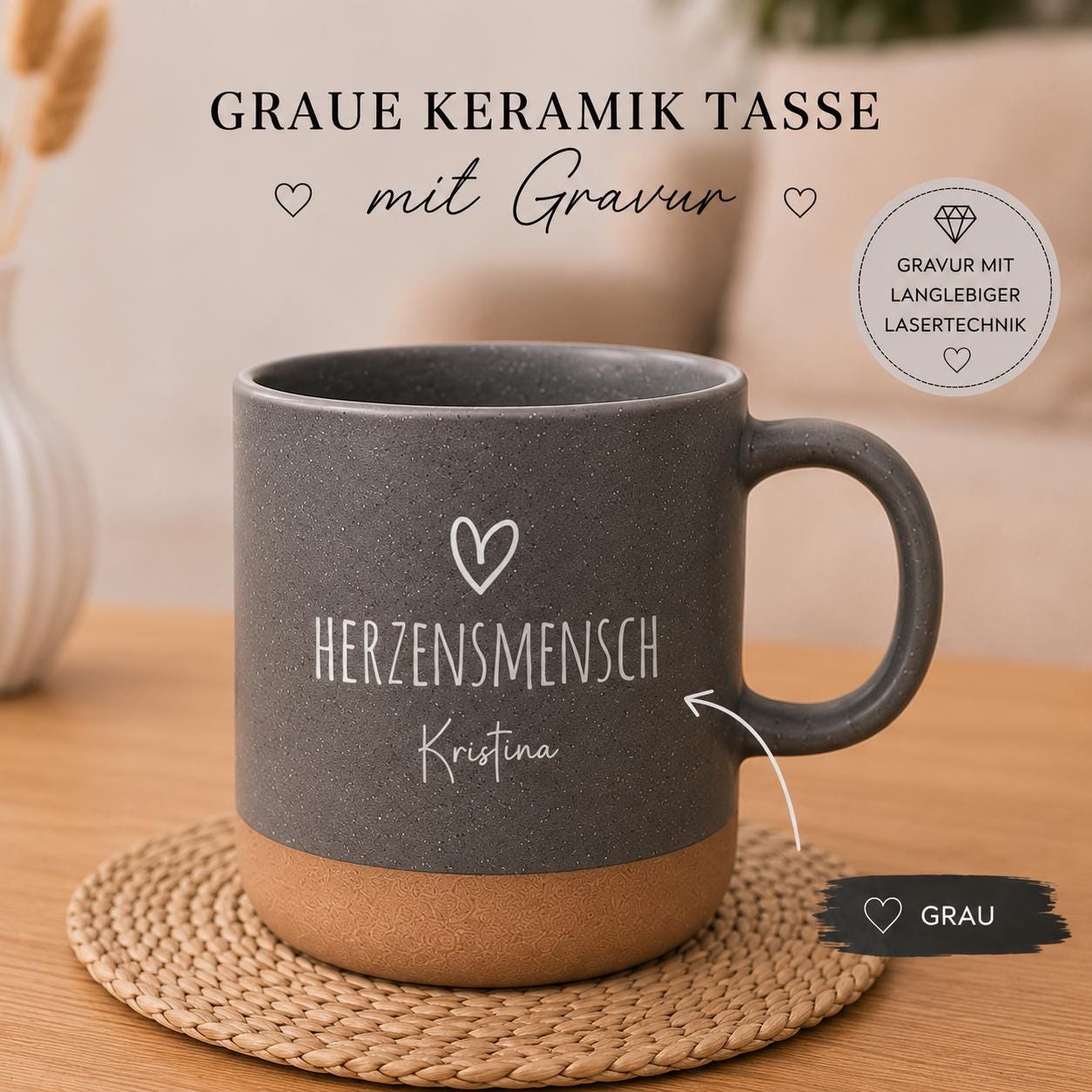 Personalisierte Keramiktasse mit Gravur Herzensmensch“ | 360 ml Tasse mit Namen, Geschenk für Frauen & Männer, Kaffee,Tee,Spülmaschinenfest