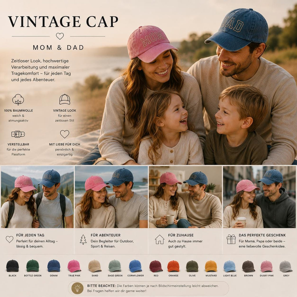 Vintage Cap für Papa oder Mama, personalisierte bestickte Retro Dad & Mom Cap, unisex Streetwear Baseball Hat, Geschenk für Frauen und Damen