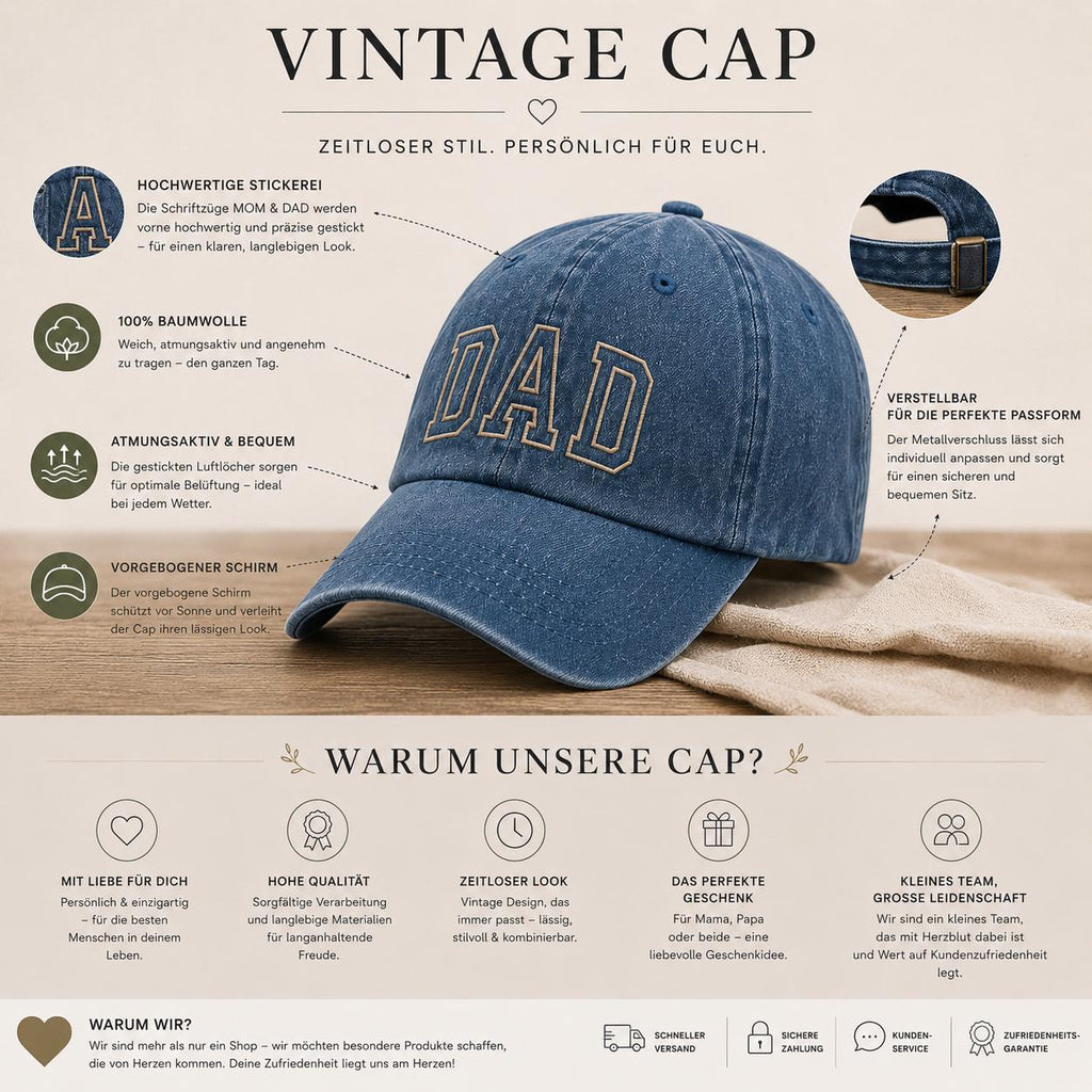 Vintage Cap für Papa oder Mama, personalisierte bestickte Retro Dad & Mom Cap, unisex Streetwear Baseball Hat, Geschenk für Frauen und Damen