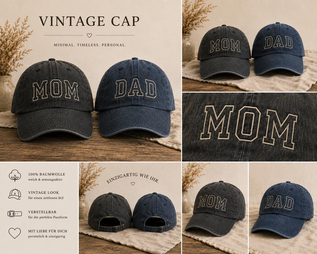 Vintage Cap für Papa oder Mama, personalisierte bestickte Retro Dad & Mom Cap, unisex Streetwear Baseball Hat, Geschenk für Frauen und Damen
