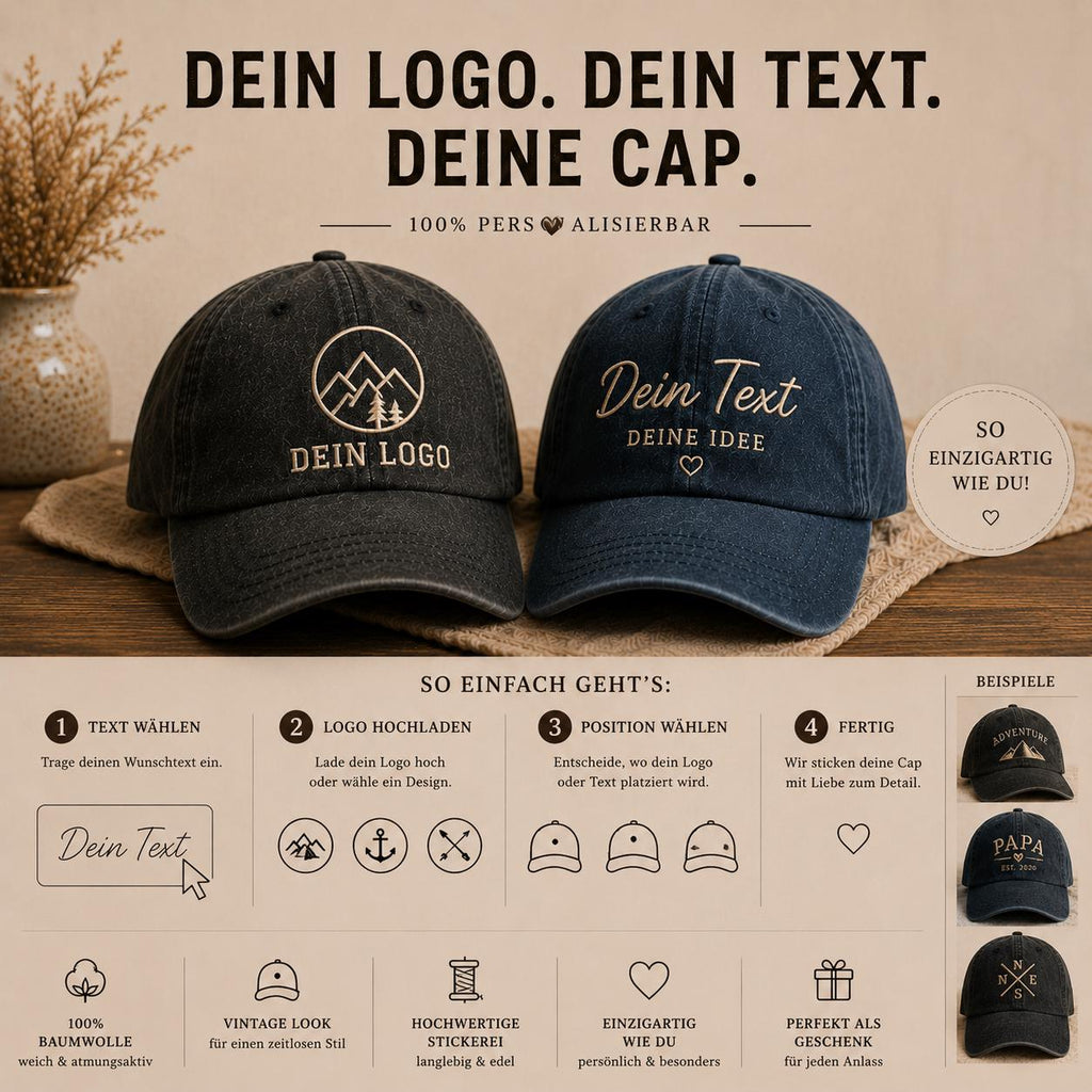 Individuelle bestickte Vintage Cap | Personalisierte Logo Text Dad Cap mit Wunschmotiv, Retro Baseball Style, Unisex Streetwear Geschenk