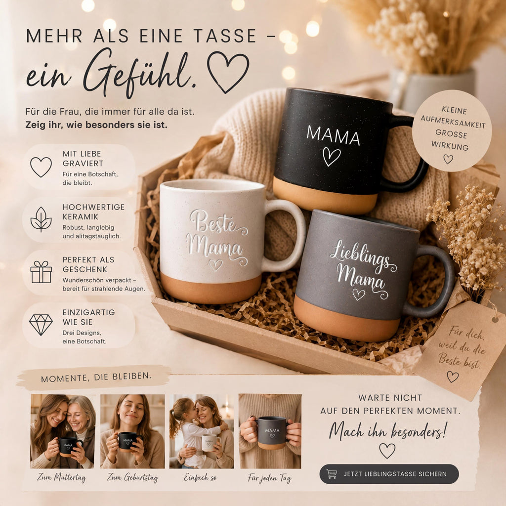 Personalisierbare Keramik Tasse Muttertag Geschenk | Trendige Kaffeetasse mit Gravur "Mama"& Herzmotiv | Stilvoll, Geschenkidee für Sie Ihn