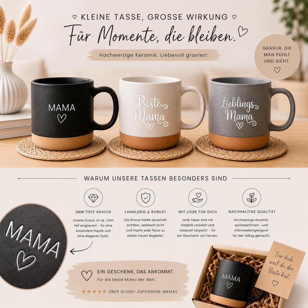 Personalisierbare Keramik Tasse Muttertag Geschenk | Trendige Kaffeetasse mit Gravur "Mama"& Herzmotiv | Stilvoll, Geschenkidee für Sie Ihn